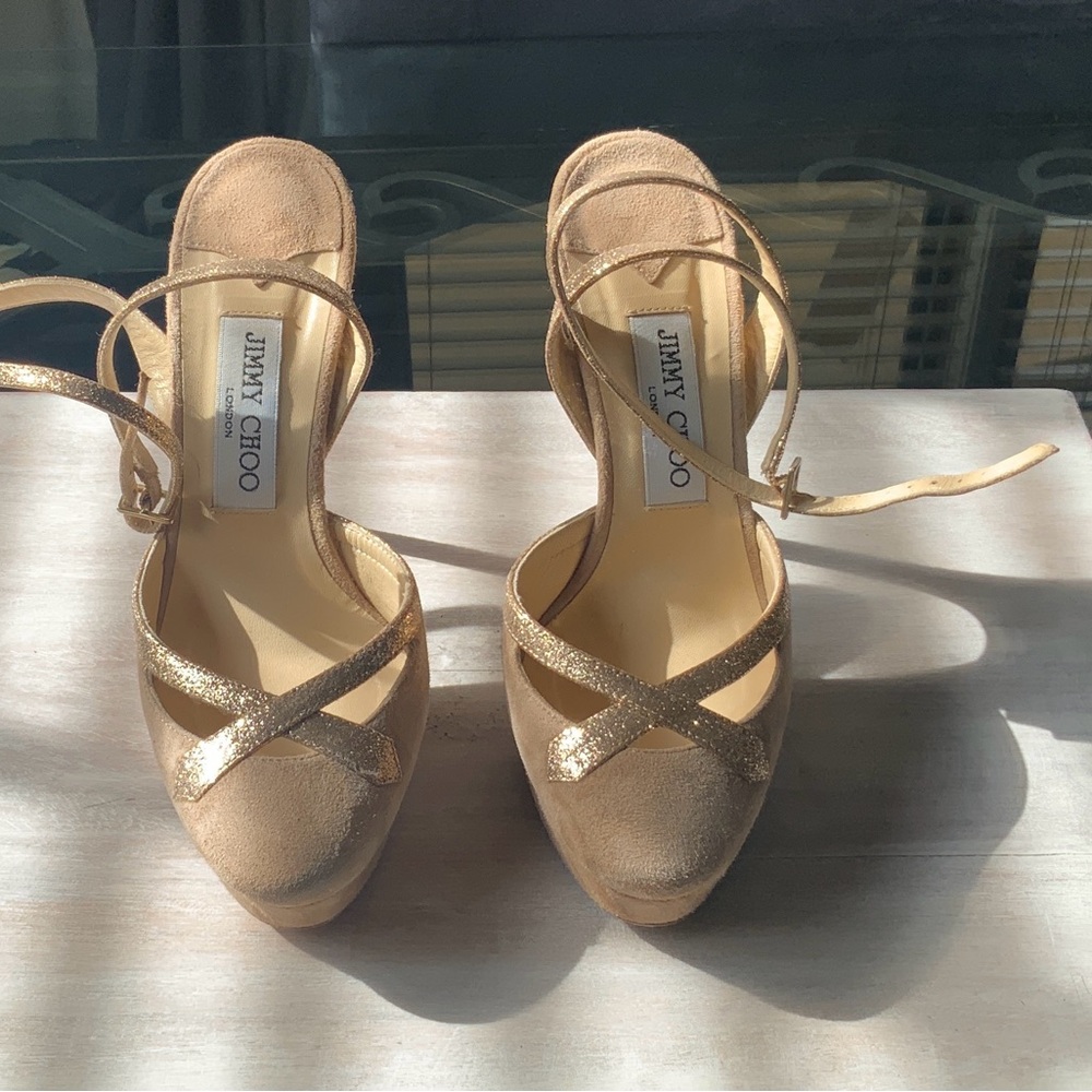 Jimmy Choo Glittering Ankle strap Platform Gold Heels Size 37 or Size 7